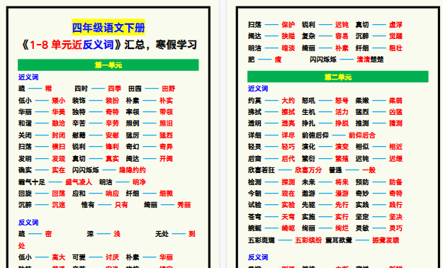 【2026寒假8页】四年级语文下册《1-8单元近反义词》汇总,寒假学习!-小初高学习资料下载_真题试卷 - 开学吧资料库