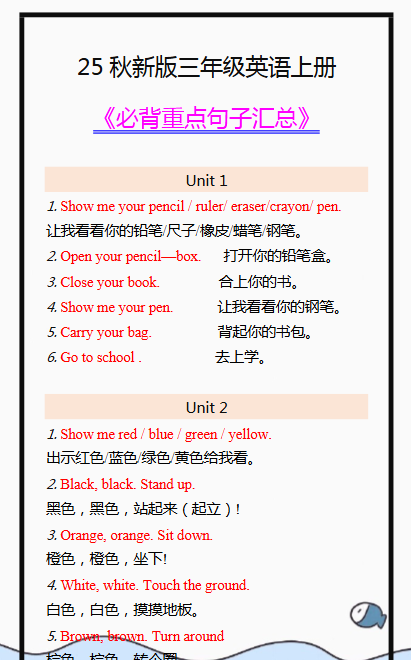 【2025秋新版】三年级英语上册必背重点句子汇总！-开学吧
