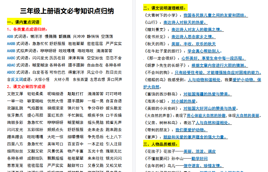 【24页高清完整版】三年级上册语文必考知识点归纳-小初高学习资料下载_真题试卷 - 开学吧资料库