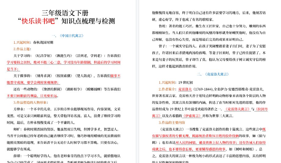 【15页高清完整版】三（下）语文【快乐读书吧】知识点梳理与练习-小初高学习资料下载_真题试卷 - 开学吧资料库