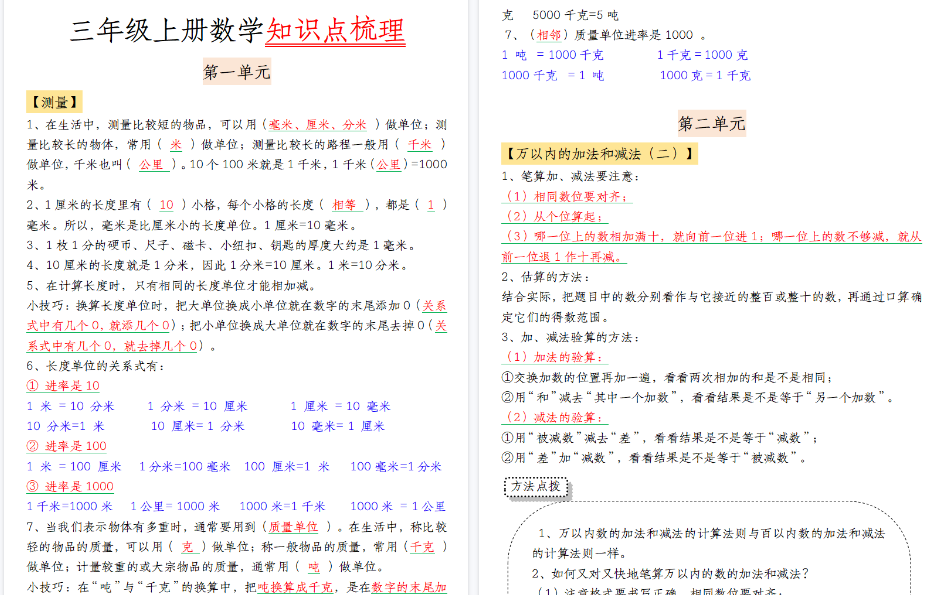 【8页高清完整版】三年级上册数学知识点梳理-小初高学习资料下载_真题试卷 - 开学吧资料库