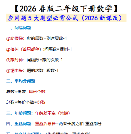 2026春新版二年级下册数学 应用题必背公式-小初高学习资料下载_真题试卷 - 开学吧资料库