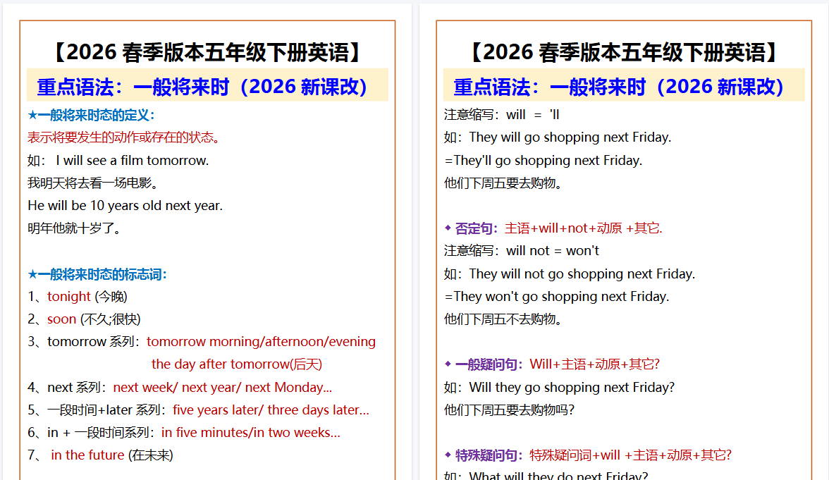 2026春新版【五年级下册英语】 重点语法：一般将来时-小初高学习资料下载_真题试卷 - 开学吧资料库