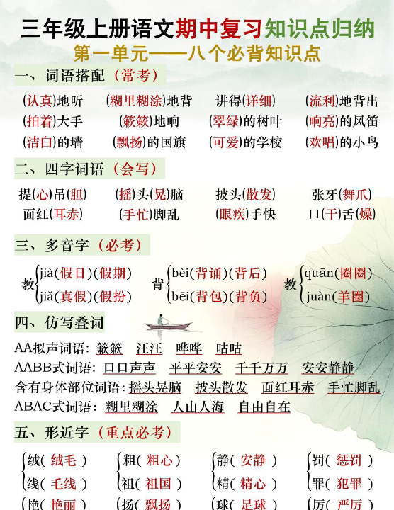 三年级语文上册期中复习知识点归纳-开学吧