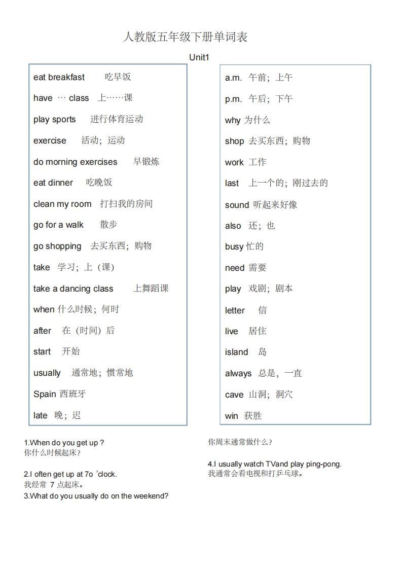 五年级英语下册单词表1（人教PEP版）-小初高学习资料下载_真题试卷 - 开学吧资料库
