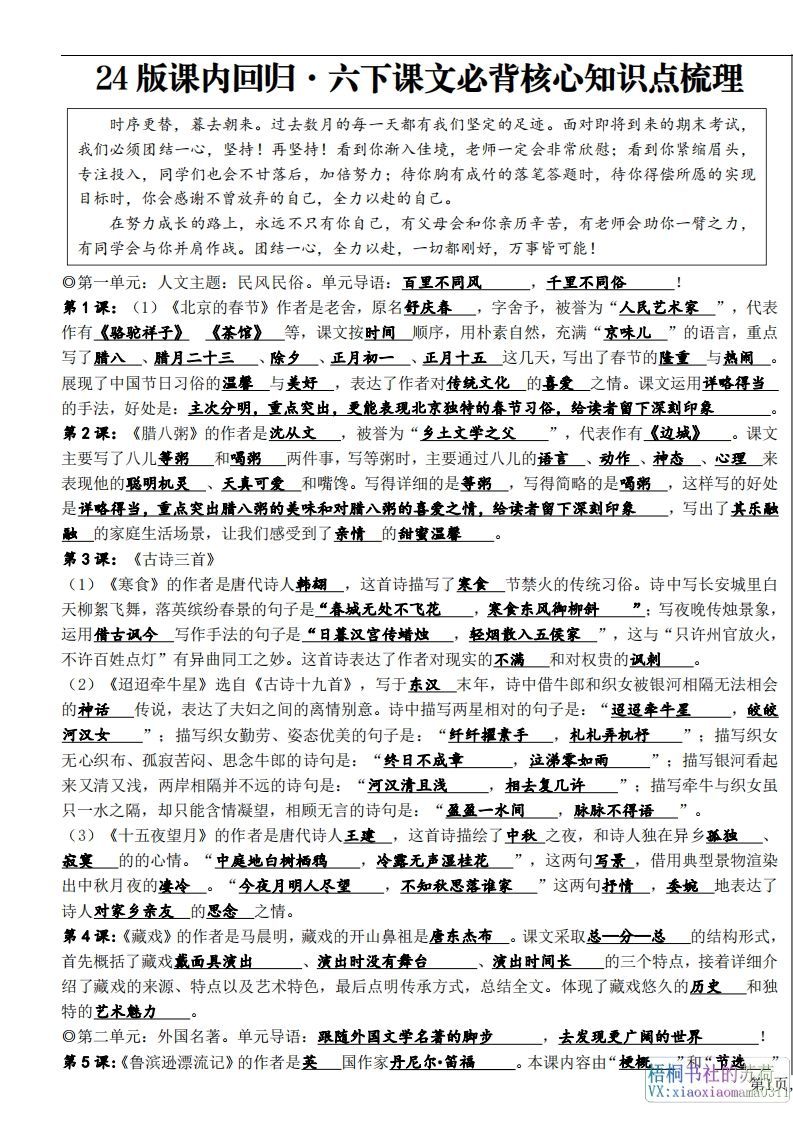 六年级下册课文必背核心知识点梳理-小初高学习资料下载_真题试卷 - 开学吧资料库