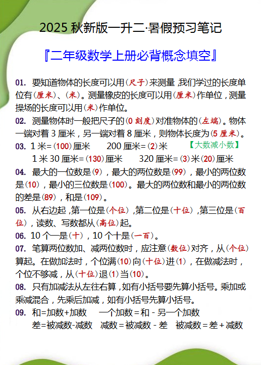 【2025秋新版】二年级数学上册必背概念填空-开学吧