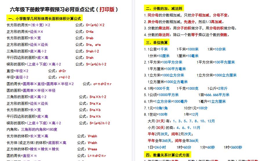 【7页高清完整版】六年级下册数学寒假预习必背重点公式（打印版）-开学吧