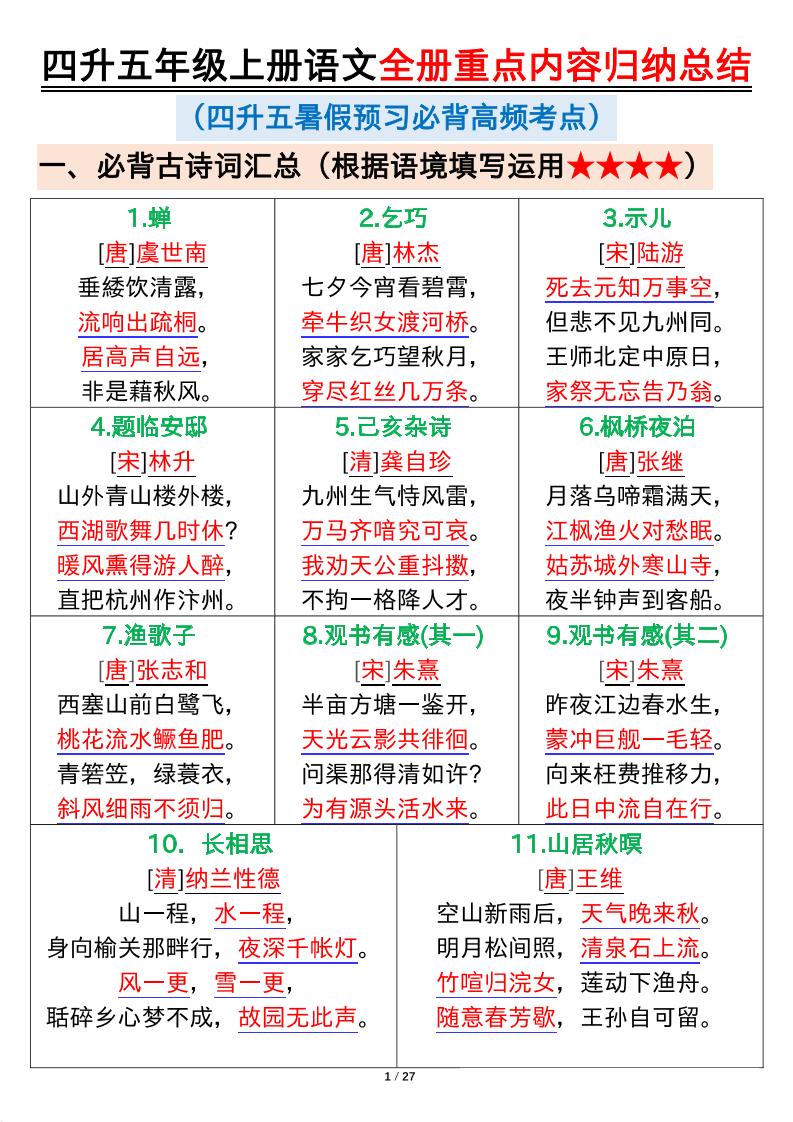 四升五年级上册语文全册重点内容归纳总结输出27页-五上语文-免费学习资料下载 - 开学吧