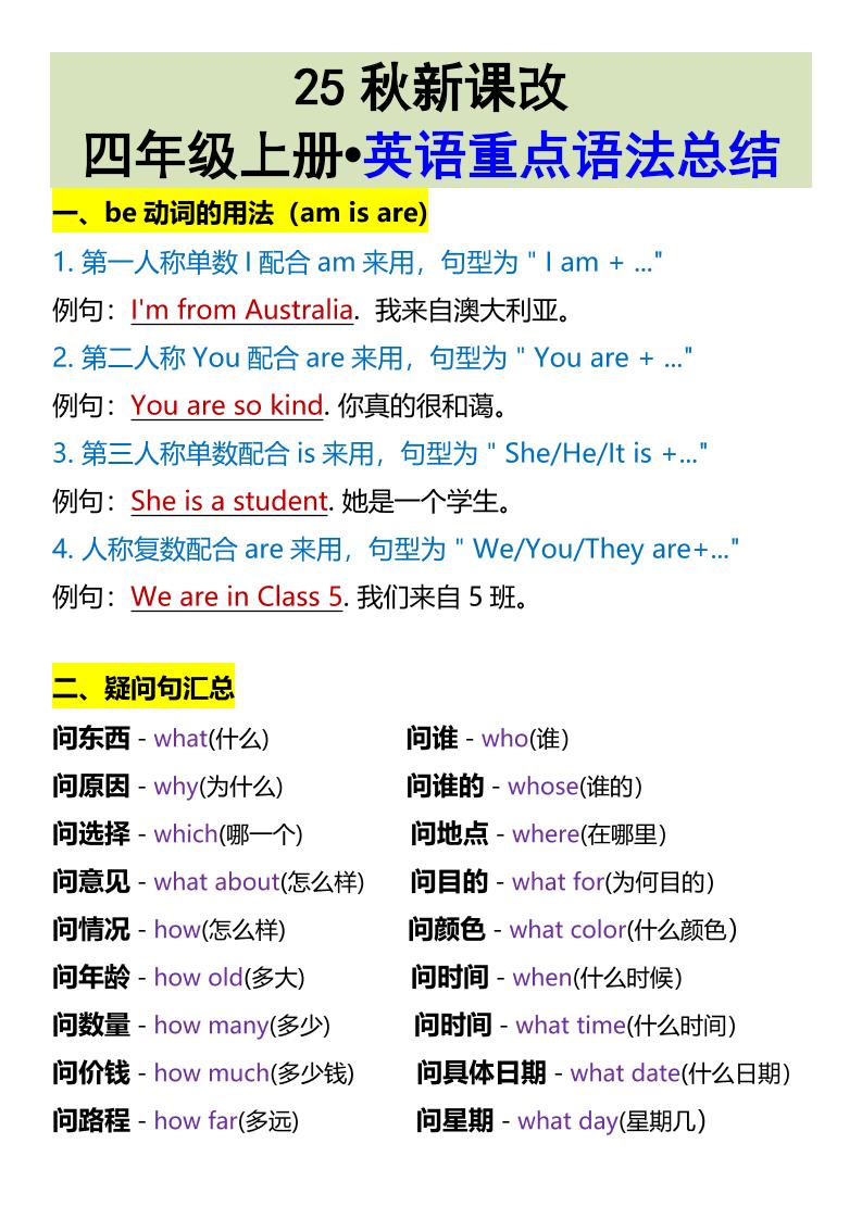 【2025秋新版】四年级上册•英语重点语法总结-小初高学习资料下载_真题试卷 - 开学吧资料库