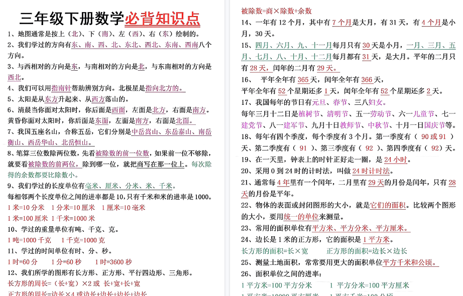 【9页高清完整版】三年级下册数学必背知识点及面积+年月日易错点-开学吧