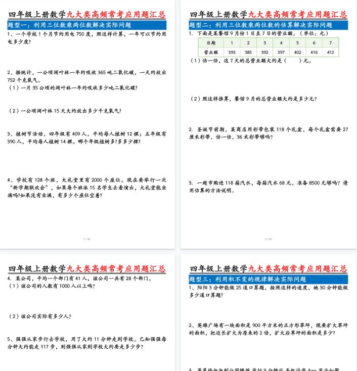 【高清12页整理】四上数学九大类高频常考应用题汇总空白-开学吧
