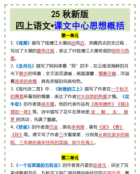【2025秋新版】四上语文•课文中心思想概括-开学吧