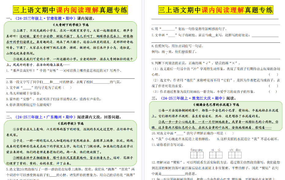 25年三上语文期中课内阅读理解期末真题专练（空白+答案16页）-免费学习资料下载 - 开学吧