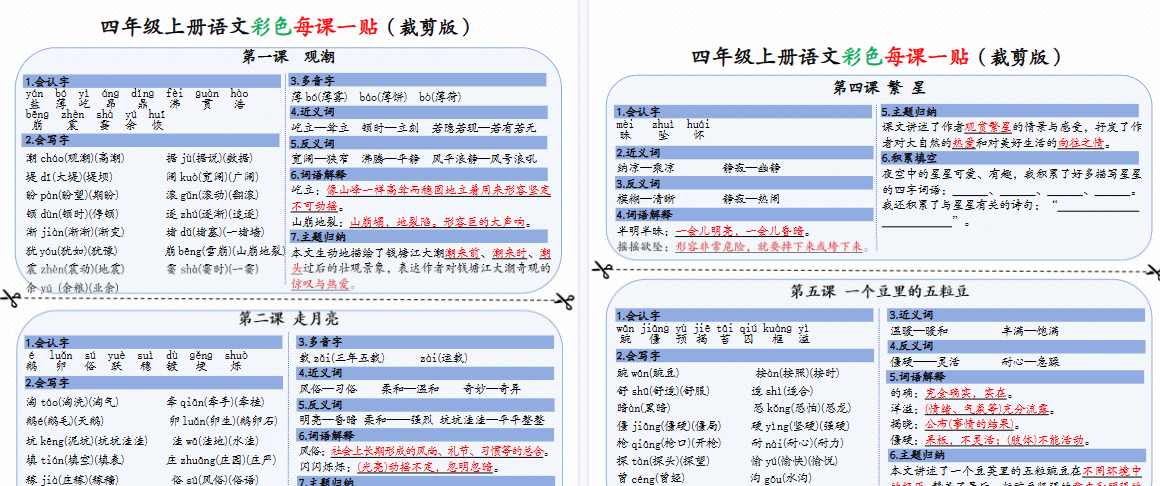 【9页高清完整版】四年级上册语文彩色一课一贴(可裁剪)-小初高学习资料下载_真题试卷 - 开学吧资料库