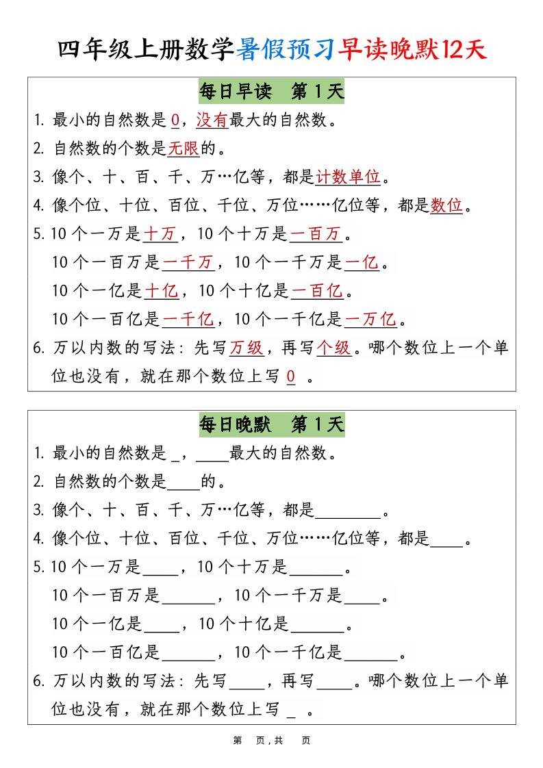四上数学暑假预习早读晚默12天12页-小初高学习资料下载_真题试卷 - 开学吧资料库