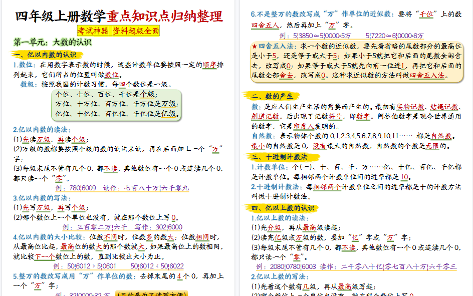 【14页高清完整版】四年级上册数学重点知识点归纳整理-小初高学习资料下载_真题试卷 - 开学吧资料库