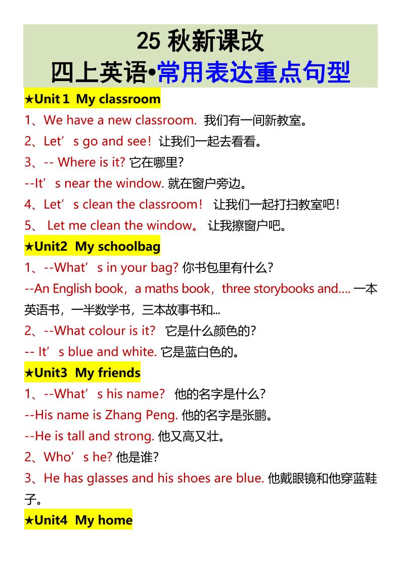 【2025秋新版】四上英语•常用表达重点句型-小初高学习资料下载_真题试卷 - 开学吧资料库