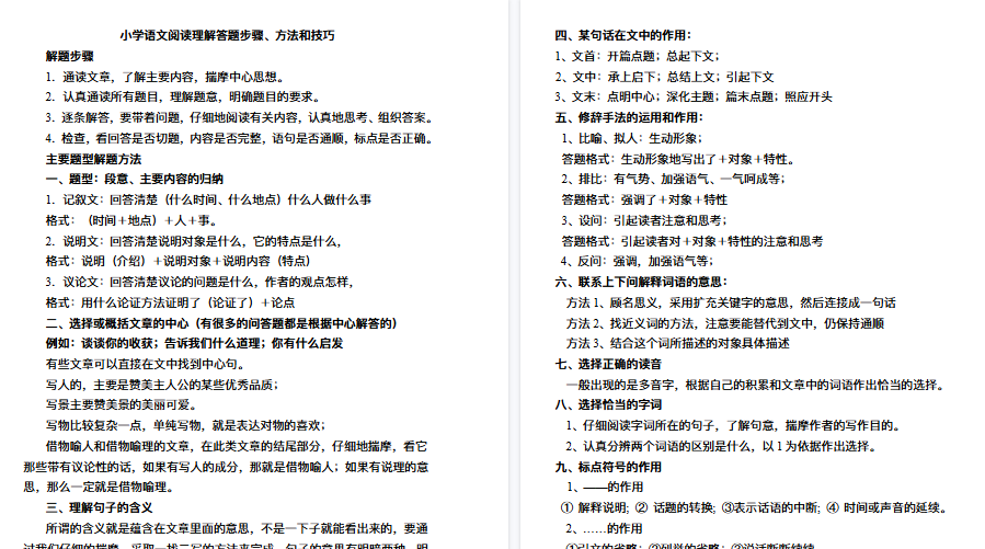 【6页高清完整版】小学语文阅读理解答题步骤-小初高学习资料下载_真题试卷 - 开学吧资料库
