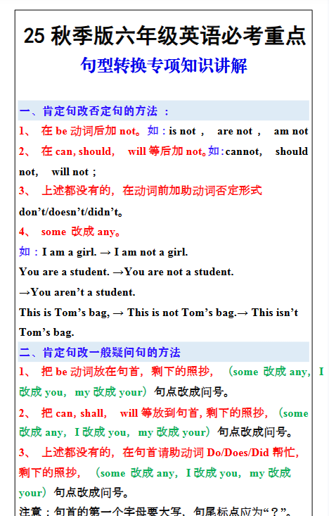 【2025秋新版】六年级英语必考重点：句型转换专项知识讲解-开学吧