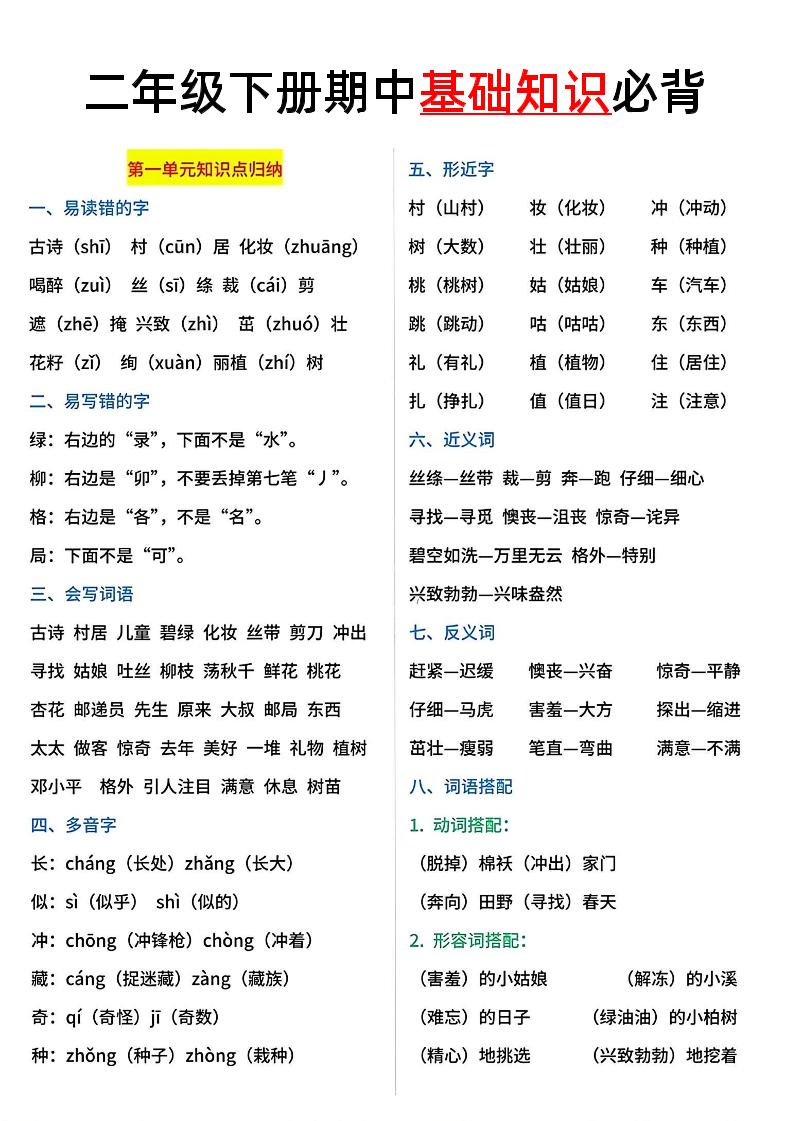 二年级语文下册期中基础知识必背5页-小初高学习资料下载_真题试卷 - 开学吧资料库