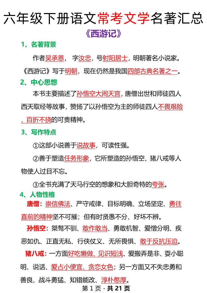 语文六年级下册常考文学名著汇总-小初高学习资料下载_真题试卷 - 开学吧资料库