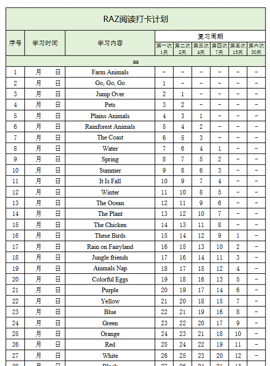 【新版】RAZ阅读打卡计划【高清无水印】-开学吧
