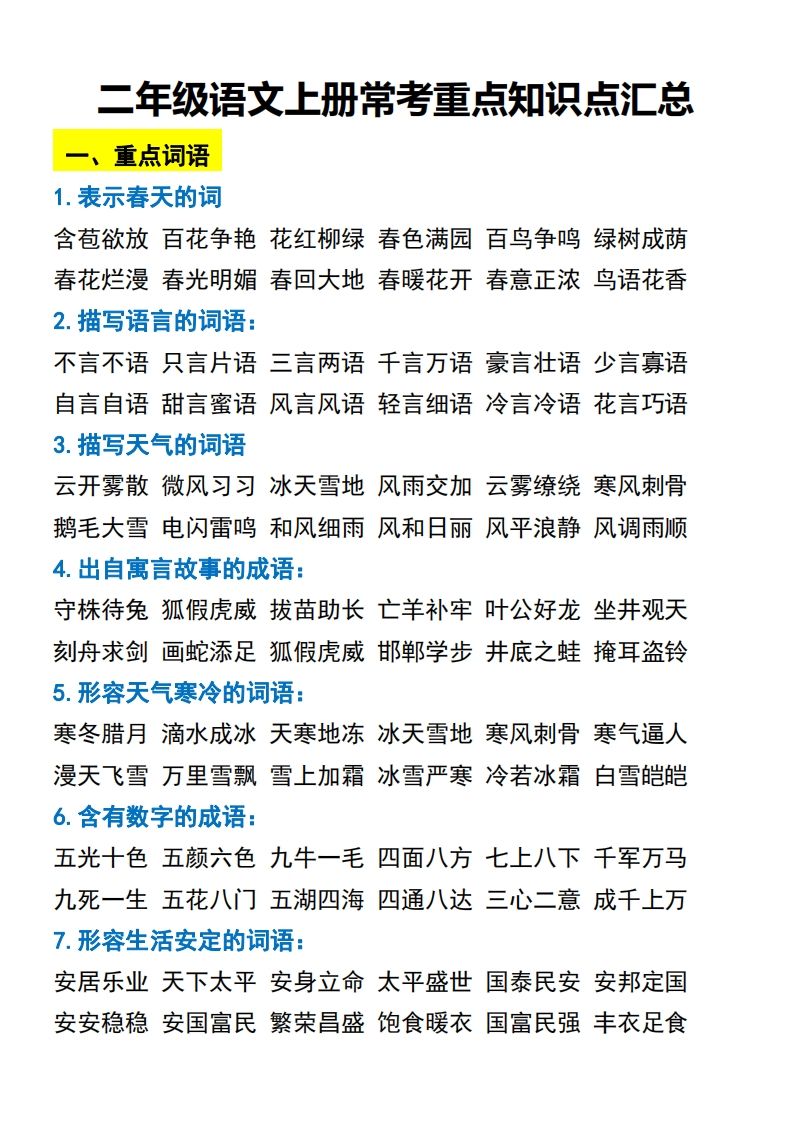 二年级语文上册常考重点知识点汇总-小初高学习资料下载_真题试卷 - 开学吧资料库