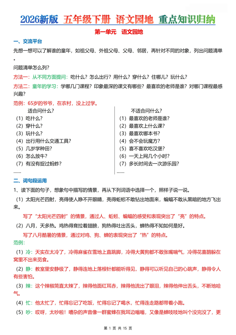五下语文园地知识点总结15页-小初高学习资料下载_真题试卷 - 开学吧资料库