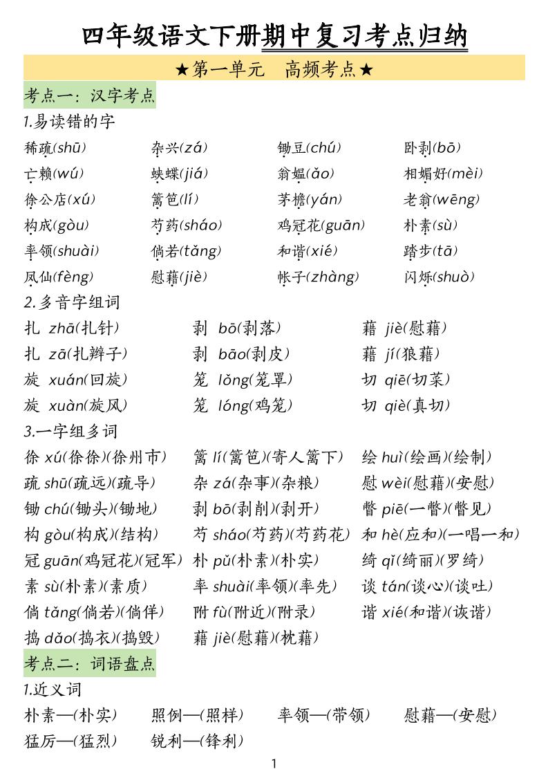 四下语文期中常考知识点汇总(4)-小初高学习资料下载_真题试卷 - 开学吧资料库