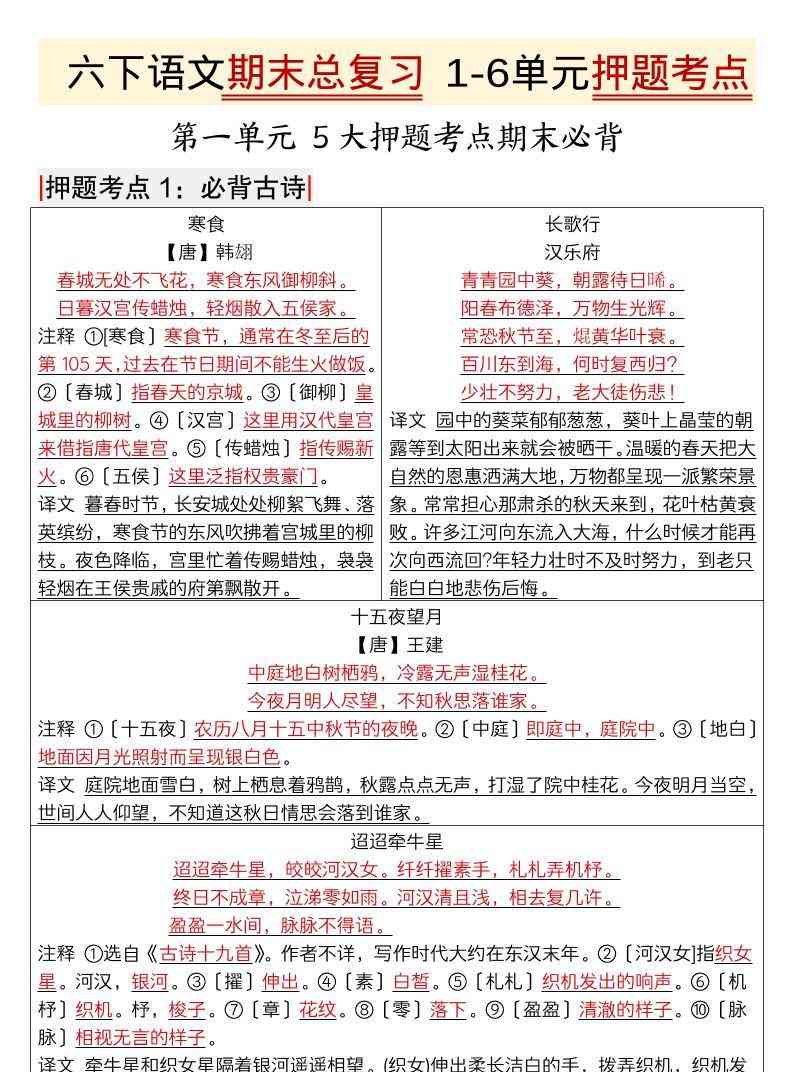 六年级下语文期末总复习1-6单元押题考点-小初高学习资料下载_真题试卷 - 开学吧资料库