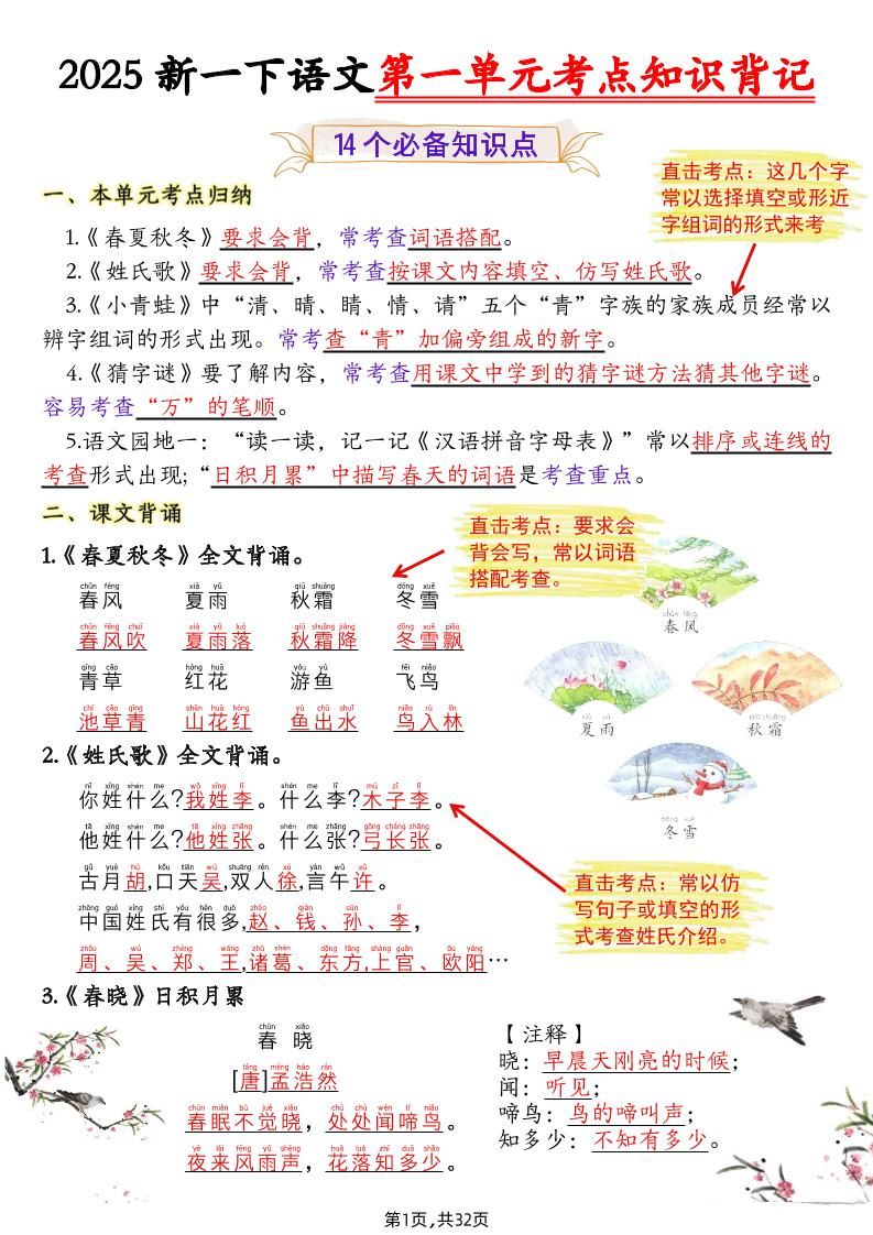新一下语文1-8单元考点知识背记（32页）-小初高学习资料下载_真题试卷 - 开学吧资料库
