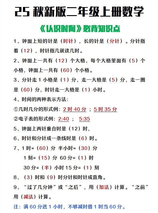 【2025秋新版】二年级上册数学认识时间必背知识点整理-开学吧