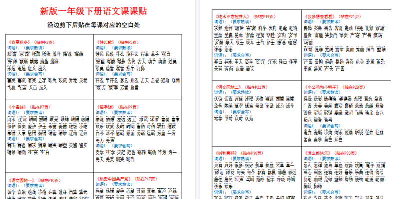 【2026春6页完整版】一年级下册语文二类字课课贴-小初高学习资料下载_真题试卷 - 开学吧资料库