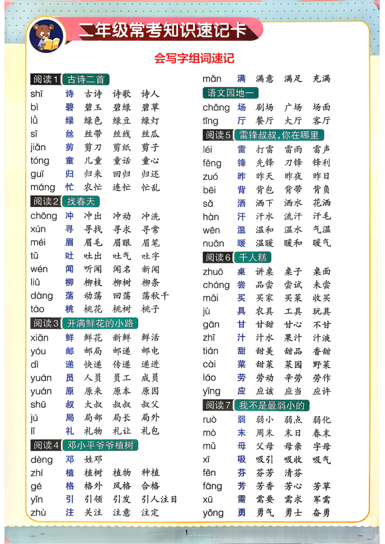 26春语文2下单元必备知识速记卡-学霸教学网