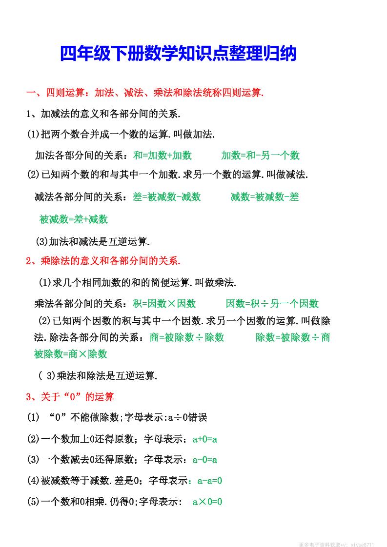 四年级下数学知识点整理归纳-小初高学习资料下载_真题试卷 - 开学吧资料库