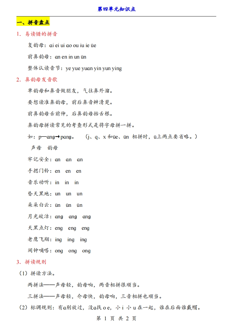 【24新教材】一上语文第4单元知识点梳理-小初高学习资料下载_真题试卷 - 开学吧资料库
