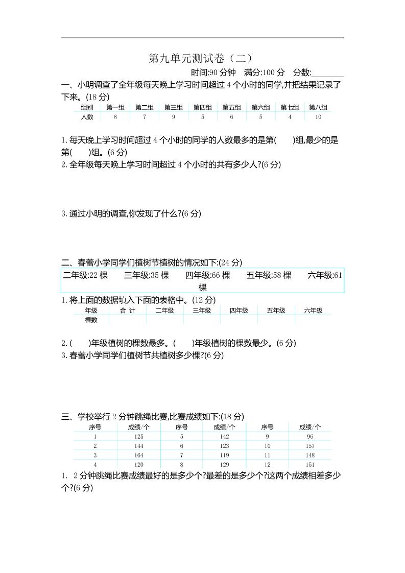 三下苏教版数学第九单元检测卷-2-小初高学习资料下载_真题试卷 - 开学吧资料库