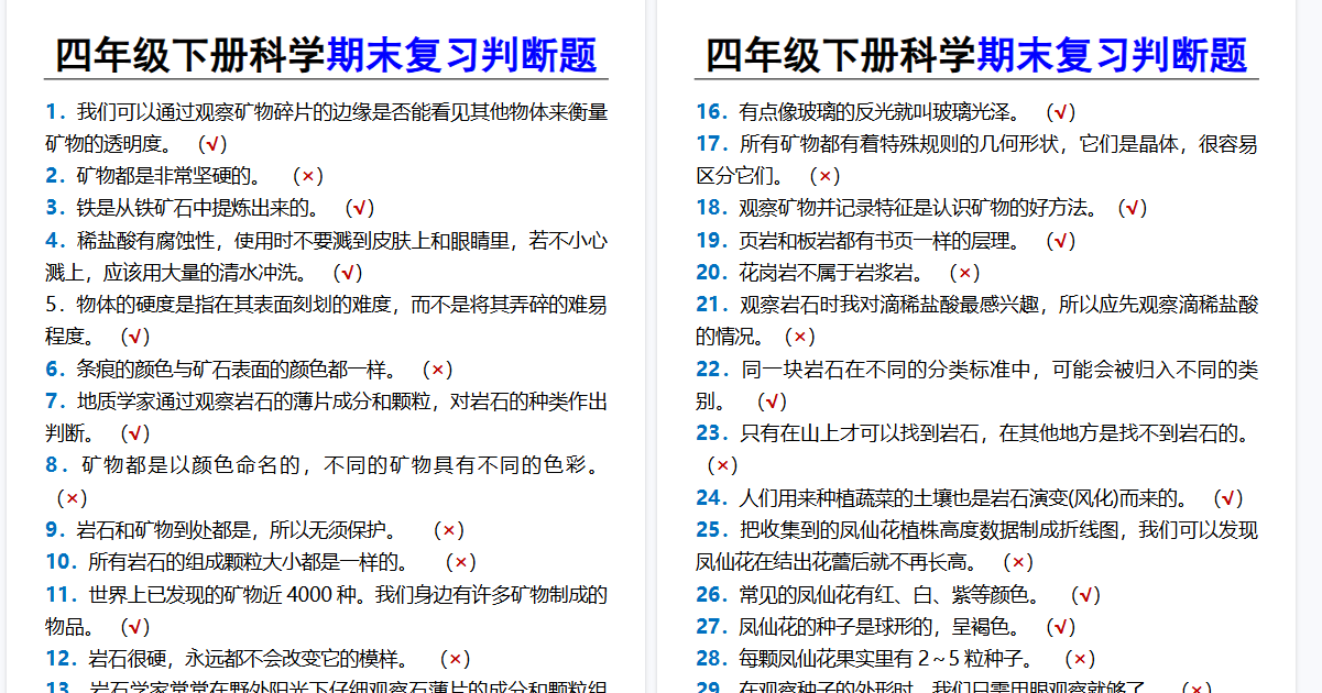 2026春新版四年级下册科学期末复习判断题-小初高学习资料下载_真题试卷 - 开学吧资料库