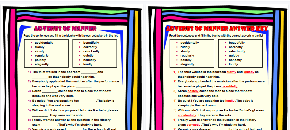 【2页高清彩色版】adverbs of manner fill in the blanks worksheet【完整可直接打印】语法作业纸63套-开学吧