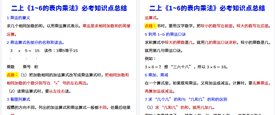 【2页高清完整版】二上数学《表内乘法》知识点-小初高学习资料下载_真题试卷 - 开学吧资料库