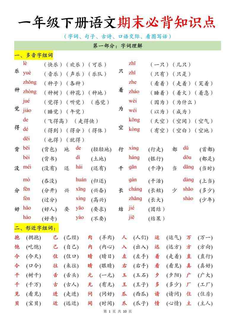 26春一年级下语文期末必背知识点-小初高学习资料下载_真题试卷 - 开学吧资料库