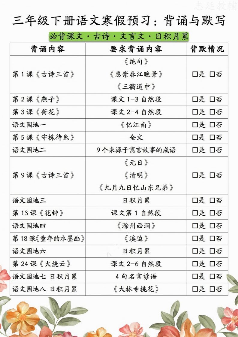 三下语文寒假预习:背诵与默写-小初高学习资料下载_真题试卷 - 开学吧资料库
