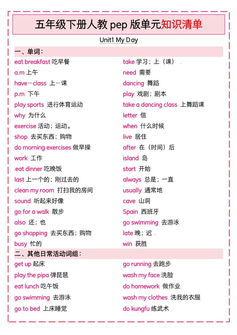 五下英语人教pep版单元知识清单-小初高学习资料下载_真题试卷 - 开学吧资料库