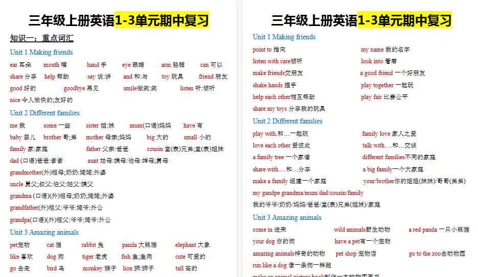 【7页高清完整版】三上英语期中知识点【人教版】-小初高学习资料下载_真题试卷 - 开学吧资料库