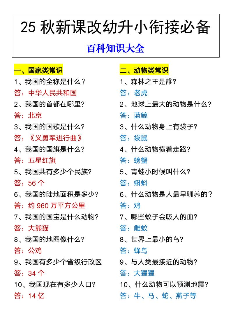 【2025秋新版】幼升小衔接必备百科知识大全-小初高学习资料下载_真题试卷 - 开学吧资料库