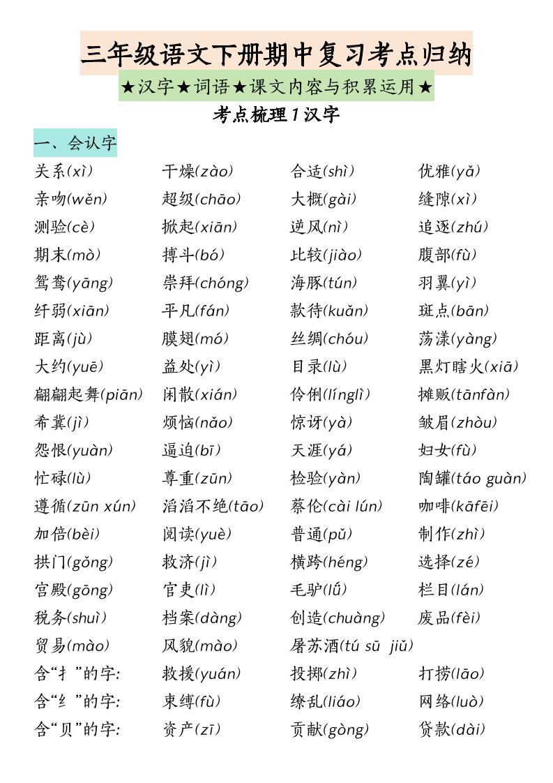 三下语文期中复习(汉字★词语★课文内容与积累运用)-小初高学习资料下载_真题试卷 - 开学吧资料库