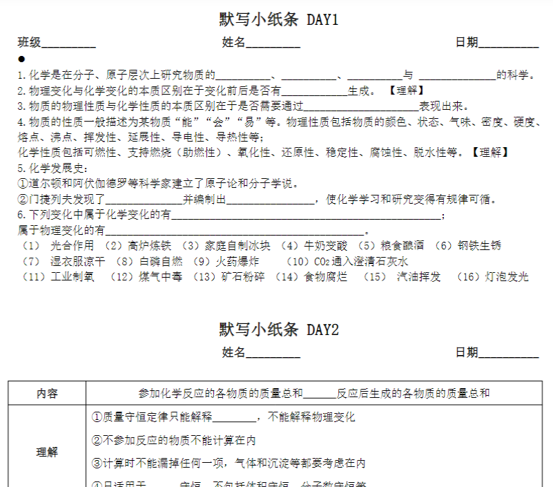 17页！九上化学默写小纸条【空白+答案】-开学吧