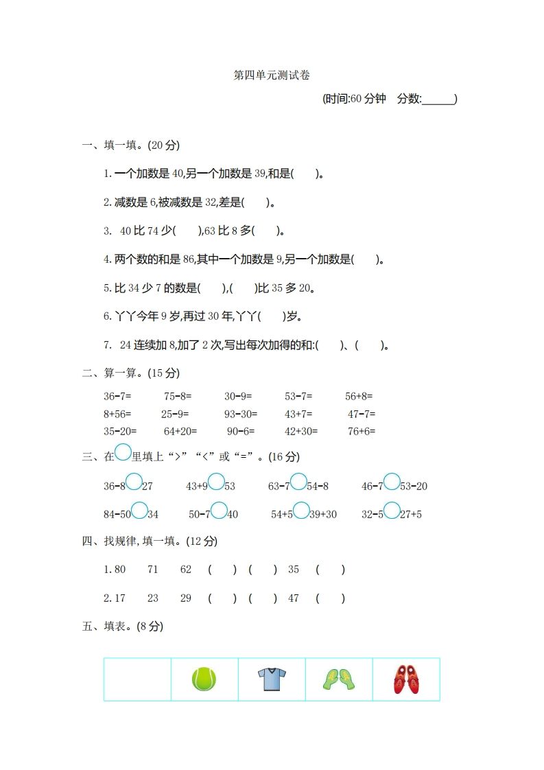 一下青岛版数学第四单元测试卷1（54制）-小初高学习资料下载_真题试卷 - 开学吧资料库