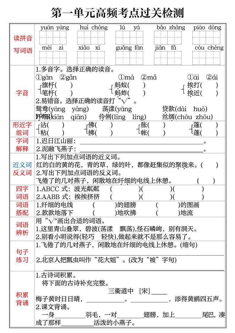 三年级下语文1-8单元高频考点过关检测-小初高学习资料下载_真题试卷 - 开学吧资料库